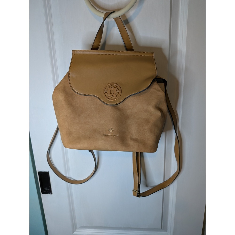 Nanette Lepore Camel Tan Faux Suede Backpack Leopard Print Lining Handbag